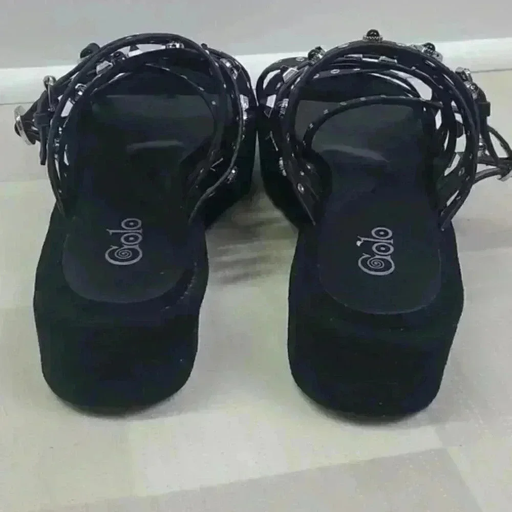 Golo Free People Naomi Flatform Studded Black Leather/Suede Sandals Sz 10